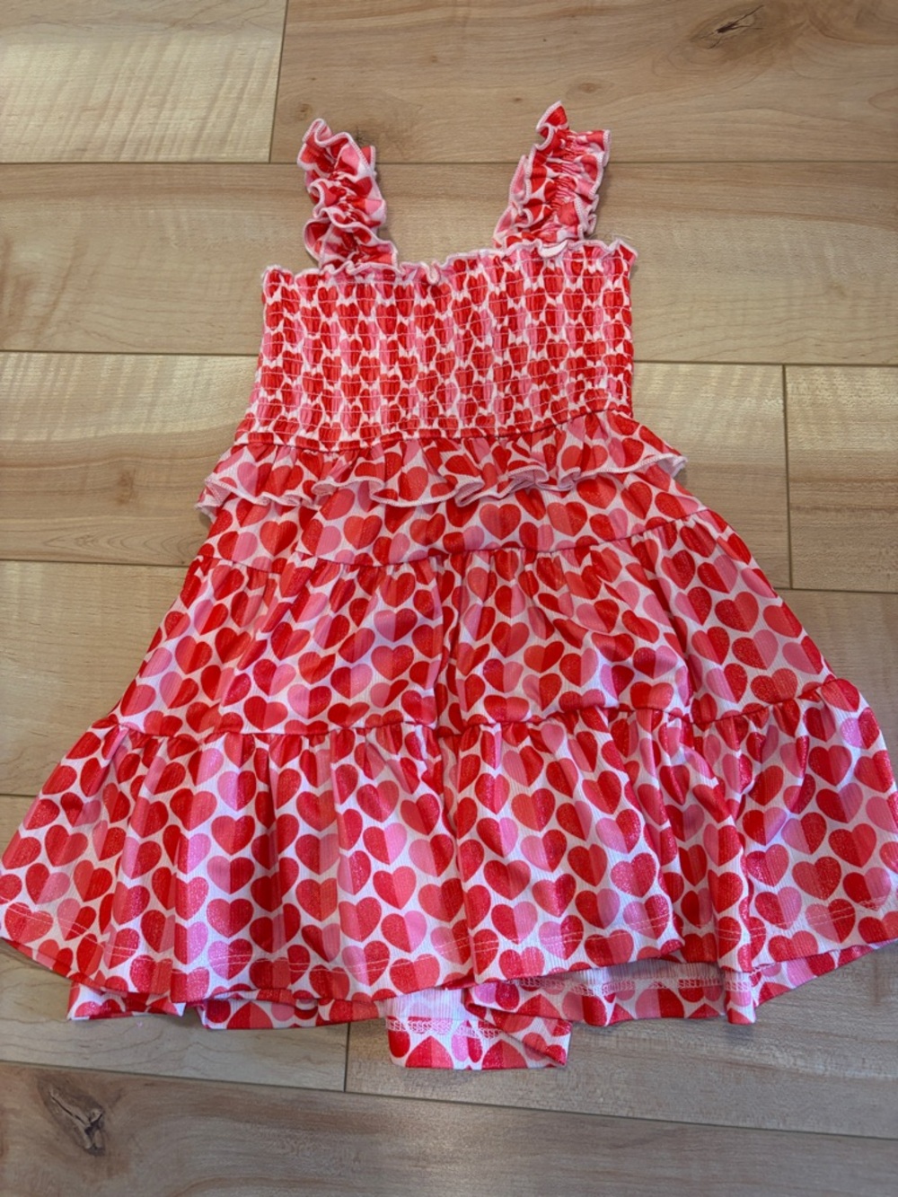 Smocked Heart Print Ruffle Sundress - Pink & Red